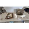 Image 1 : Golf Shadow Box Clock, Two Polar Bear Figurines, and Brass chest
