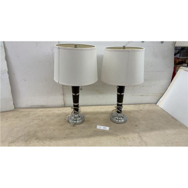 Pair of Modern Table Lamps with Dark Wood Bodies, Chrome Bands, and White Drum Shades, 26” High