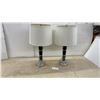 Image 1 : Pair of Modern Table Lamps with Dark Wood Bodies, Chrome Bands, and White Drum Shades, 26” High
