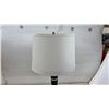 Image 4 : Pair of Modern Table Lamps with Dark Wood Bodies, Chrome Bands, and White Drum Shades, 26” High