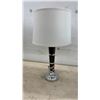 Image 5 : Pair of Modern Table Lamps with Dark Wood Bodies, Chrome Bands, and White Drum Shades, 26” High