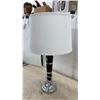 Image 6 : Pair of Modern Table Lamps with Dark Wood Bodies, Chrome Bands, and White Drum Shades, 26” High