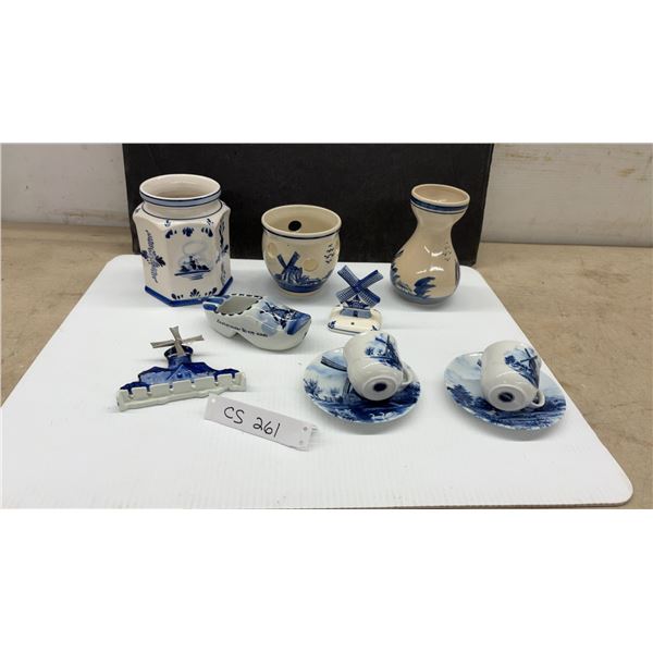 Delft Blue Dutch Ceramics, Windmill Vases, Clog Ashtray, Cups, 8 Pieces