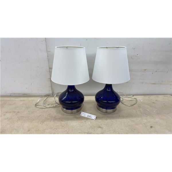 Two Cobalt Blue Glass Teardrop Table Lamps with White Drum Shades, 17” Tall