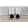 Image 1 : Two Cobalt Blue Glass Teardrop Table Lamps with White Drum Shades, 17” Tall