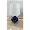 Image 5 : Two Cobalt Blue Glass Teardrop Table Lamps with White Drum Shades, 17” Tall