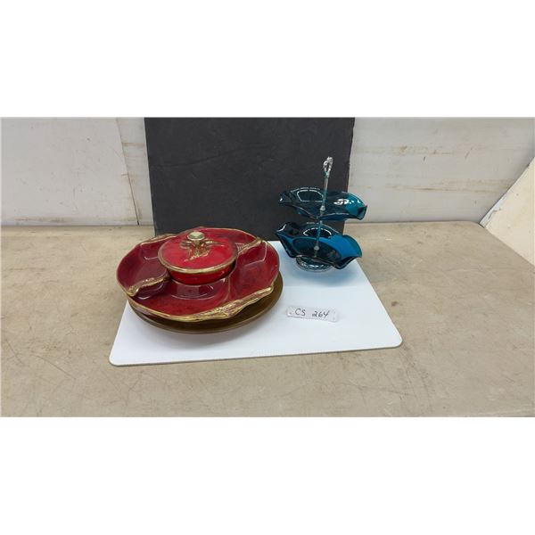 Mid-Century Italian Red Crackle 5-Section Lazy Susan Chip and Teal Glass 2-Tier Serving Stand