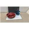 Image 1 : Mid-Century Italian Red Crackle 5-Section Lazy Susan Chip and Teal Glass 2-Tier Serving Stand