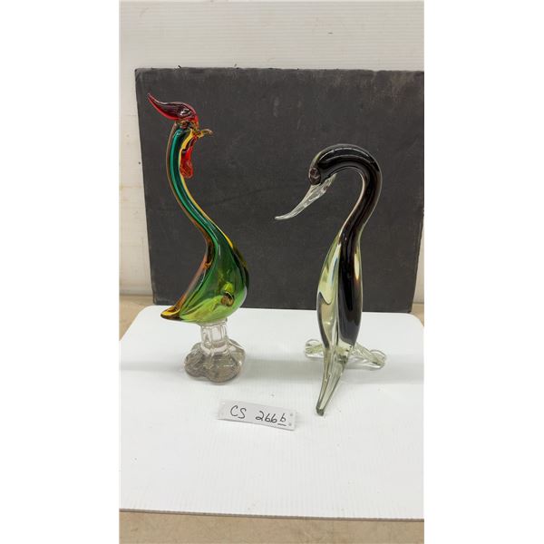 Two Murano Style Art Glass, Duck Sculpture, 14 1/2” Tall and Colourful Rooster, 16 1/4” Tall