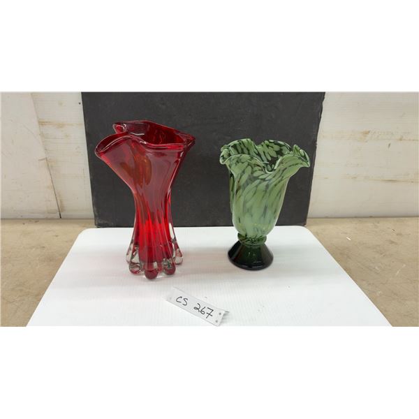 Two Art Glass Vases, Red Ruffled Rim With Lobed Clear Base and Green Mottled Pedestal, Tallest 11”