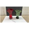 Image 1 : Two Art Glass Vases, Red Ruffled Rim With Lobed Clear Base and Green Mottled Pedestal, Tallest 11”