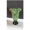 Image 2 : Two Art Glass Vases, Red Ruffled Rim With Lobed Clear Base and Green Mottled Pedestal, Tallest 11”
