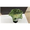 Image 3 : Two Art Glass Vases, Red Ruffled Rim With Lobed Clear Base and Green Mottled Pedestal, Tallest 11”