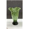 Image 4 : Two Art Glass Vases, Red Ruffled Rim With Lobed Clear Base and Green Mottled Pedestal, Tallest 11”