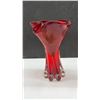Image 5 : Two Art Glass Vases, Red Ruffled Rim With Lobed Clear Base and Green Mottled Pedestal, Tallest 11”