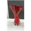 Image 7 : Two Art Glass Vases, Red Ruffled Rim With Lobed Clear Base and Green Mottled Pedestal, Tallest 11”