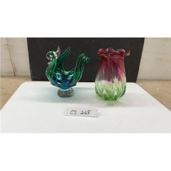 Murano-Style Art Glass Rooster Sculpture and Ruffled Cranberry Green Vase, 7 1/2” Tall