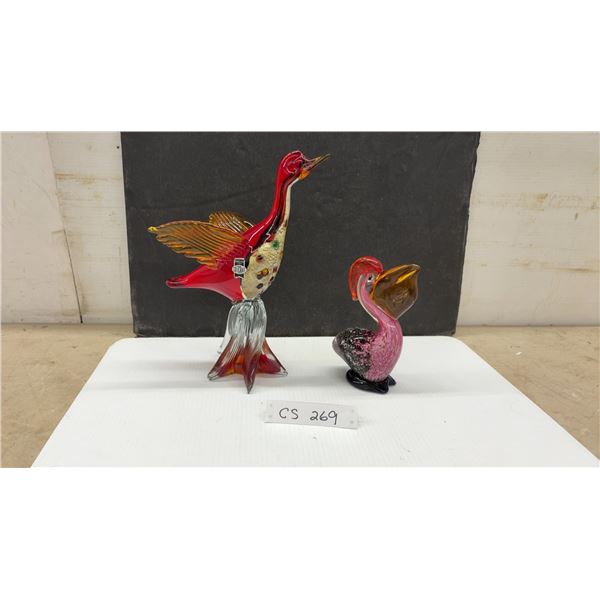 Gieffecraft Italian Art Glass Bird Figurine, 12 1/4” Tall and Pink Art Glass Pelican, 7” Tall