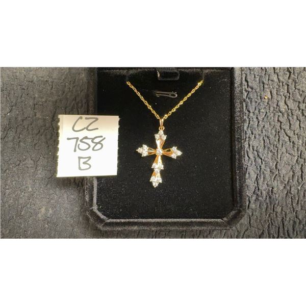 18K Gold Plated 32.0mm Simulated Diamond Cross Necklace, 18” Long