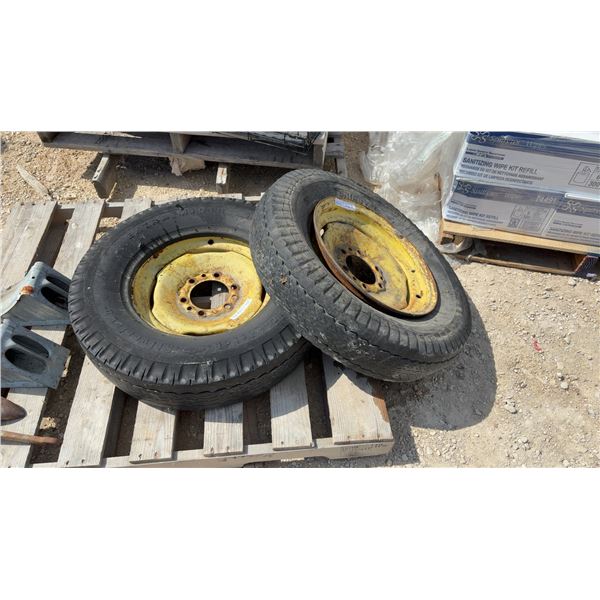 Pair of John Deere Front Fleetmaster Triple Tread 6.50-16LT Tires Mounted on Yellow Steel Rims