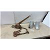 Image 1 : Vintage Lever Chain Hoist Come-Along With Chain and Hooks and Pair of Galvanized Wheel Chocks