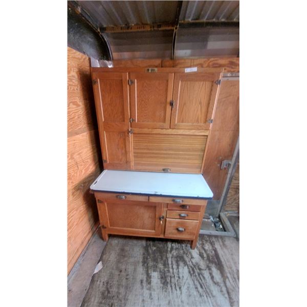 Hoosier Cabinet with Enamel Top, Roll-Top Bread Box, and Multiple Drawers and Cabinets 68”×40”×24”
