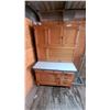 Image 1 : Hoosier Cabinet with Enamel Top, Roll-Top Bread Box, and Multiple Drawers and Cabinets 68”×40”×24”