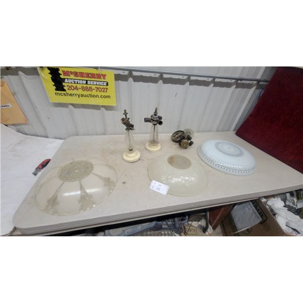 Vintage Ceiling Light Fixtures and Shades: 2 Glass Shades, 2 Light Fixtures