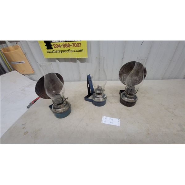 Three Wall-Mount Kerosene Lamps with Glass Chimneys and 2 with Metal Reflectors
