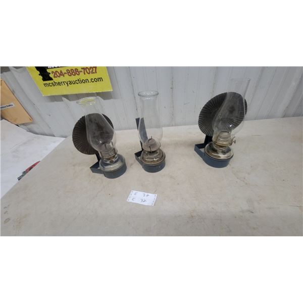Three Wall-Mount Kerosene Lamps with Glass Chimneys and Metal Reflectors