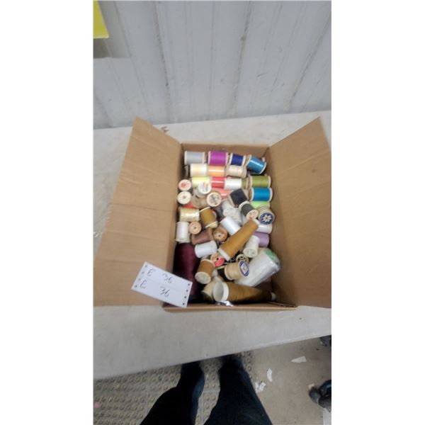 Box of Assorted Spools of sewing Thread, Some on Wooden Spools, Some Plastic