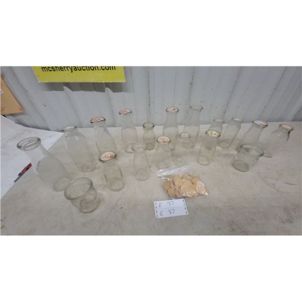 Vintage Milk Bottles and Lids, Including "Coffee Cream" and "Homogenized Vitamin D Milk