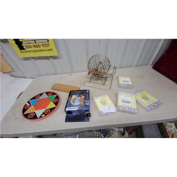 Chinese Checkers and Chess Board, Bingo Cage with Balls, E.T. Action Figure