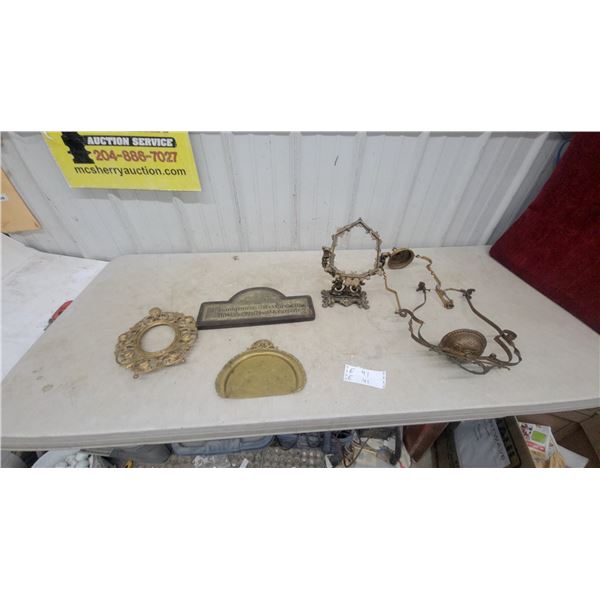 Assorted Brass and Metal Decor: Ornate Frames, Wall Plaque, Half-Round Tray