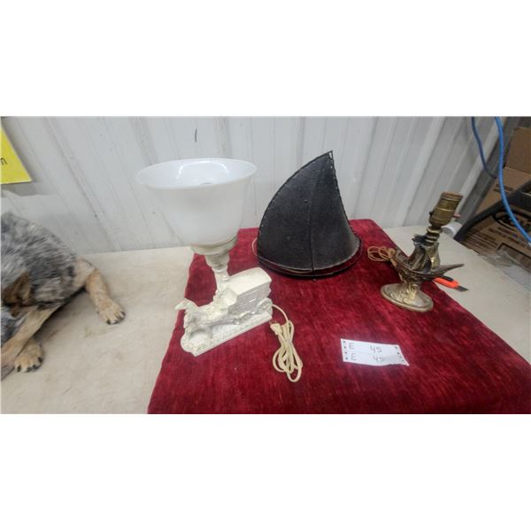 Two Table Lamps, One with Horse and Carriage Base, One with Ship Base, and Metal Lamp Shade