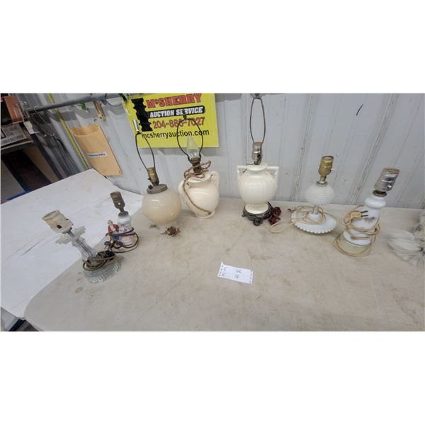 Assorted Vintage Table Lamps: 7 Lamps, Clear Glass, Figurine, and Milk Glass Globe