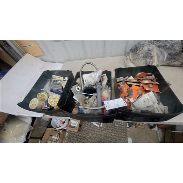 Three Totes of Plumbing and Hardware Supplies, Including Faucets, Drains, and Fasteners