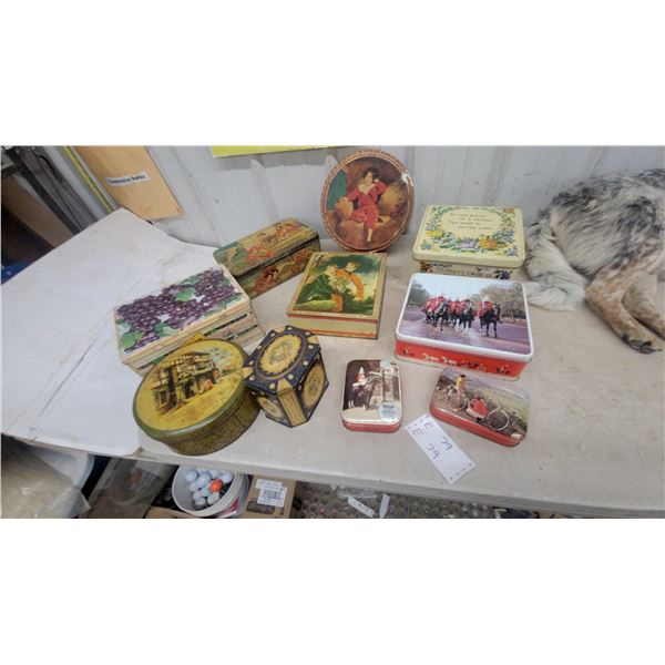 Assorted Vintage Decorative Tins: Round, Rectangular, and Octagonal, with Various Scenes