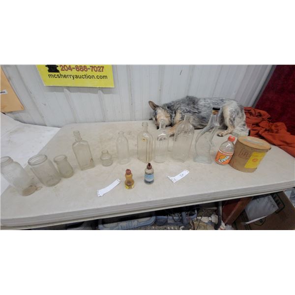 Assortment of Vintage Glass Bottles, Jars, Orange Crush Bottle, Wooden Container