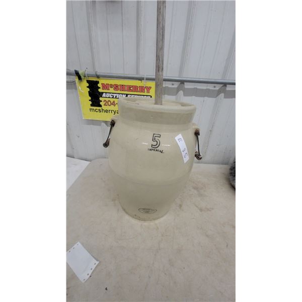 Imperial 5 Gallon Medalta Stoneware butterchurn with Lid and Wooden Plunger
