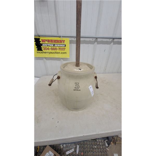Imperial 3 Gallon Stoneware Butter Churn with Lid and Wood Dasher, and Wire Bail Handles