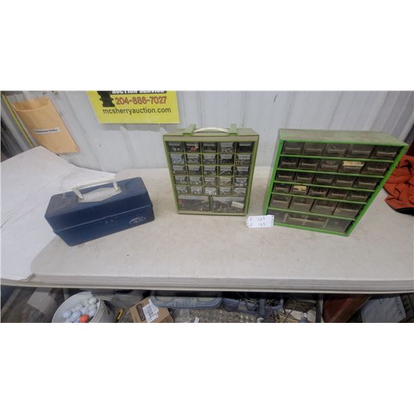 Two Green Multi-Drawer Organizers with hardware, Blue fishing box