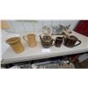 Image 1 : Stoneware Pottery Lot: Brown and Yellow Striped Teapot, 2 Brown Mugs, 2 Yellow Pitchers
