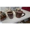 Image 2 : Stoneware Pottery Lot: Brown and Yellow Striped Teapot, 2 Brown Mugs, 2 Yellow Pitchers