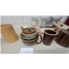 Image 3 : Stoneware Pottery Lot: Brown and Yellow Striped Teapot, 2 Brown Mugs, 2 Yellow Pitchers