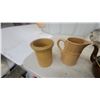 Image 4 : Stoneware Pottery Lot: Brown and Yellow Striped Teapot, 2 Brown Mugs, 2 Yellow Pitchers