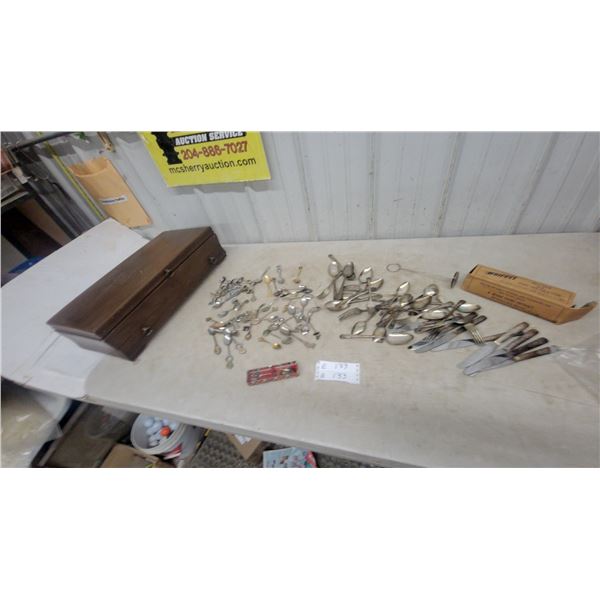 Assorted Flatware and Souvenir Spoons, Wood Box, and Whippet Box