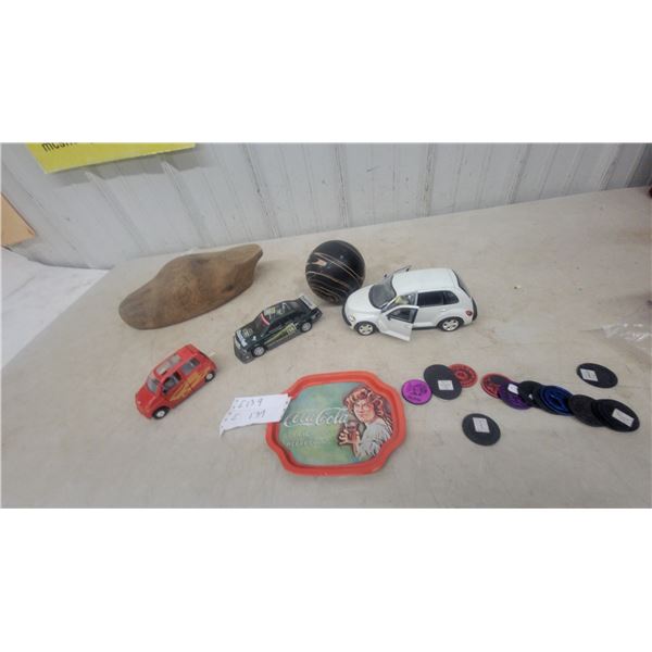 Coca-Cola Tray, Wooden Shoe, Bowling Ball, and 4 Toy Cars