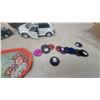 Image 2 : Coca-Cola Tray, Wooden Shoe, Bowling Ball, and 4 Toy Cars