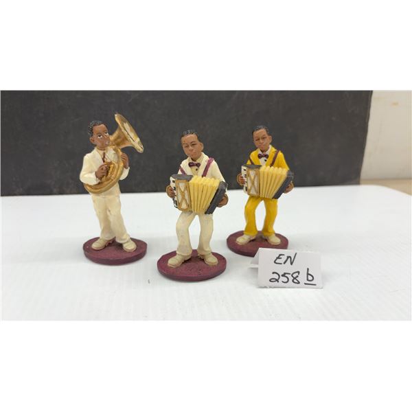 Three Hand-Painted Resin Jazz Musician Figurines with Tuba and Accordions, 4” Tall